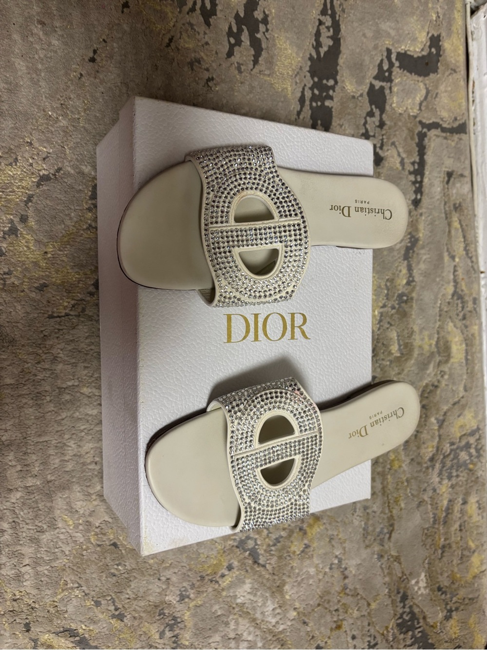 Dior Cream Slide Sandals with Crystal-Embellished Straps